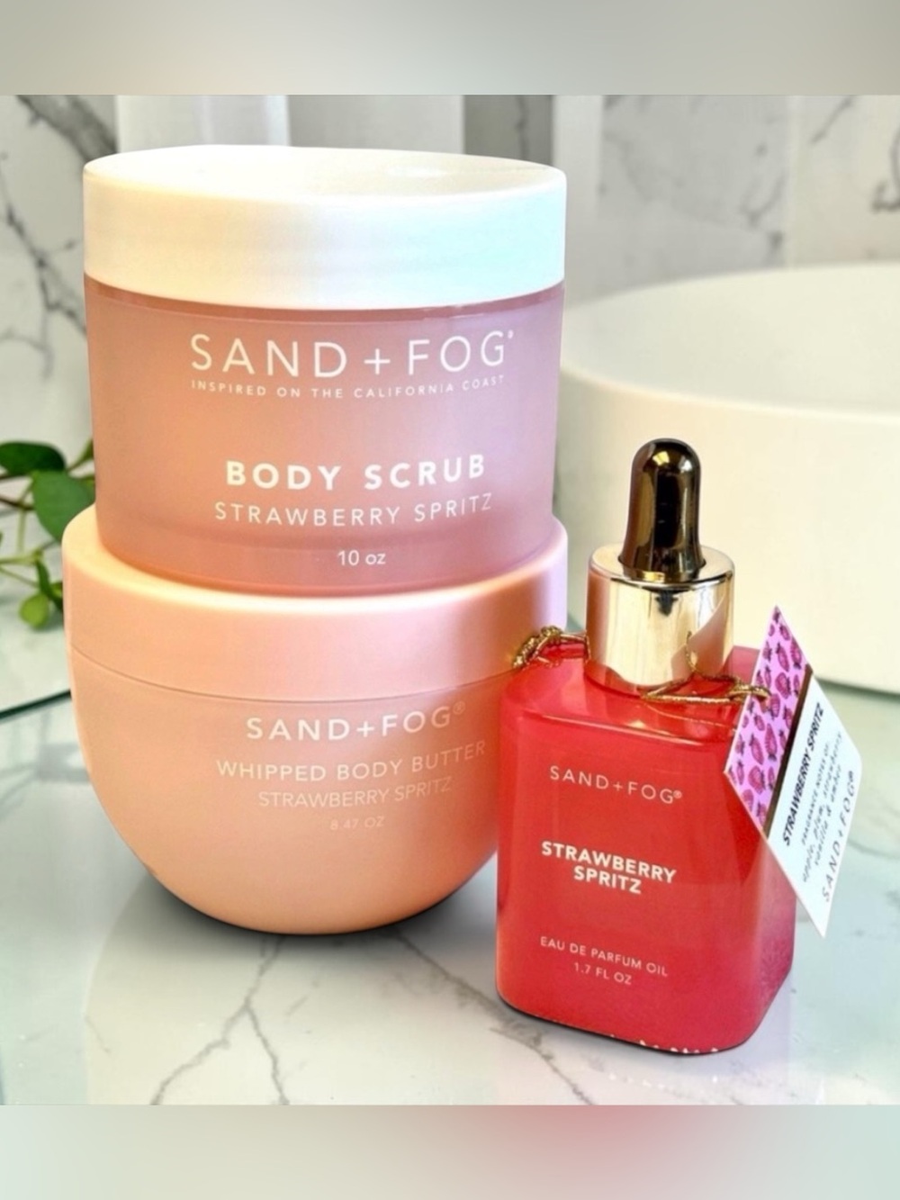 SAND + FOG Strawberry Spritz Body Scrub, Body Butter, & Fragrance Oil Set NEW 3p